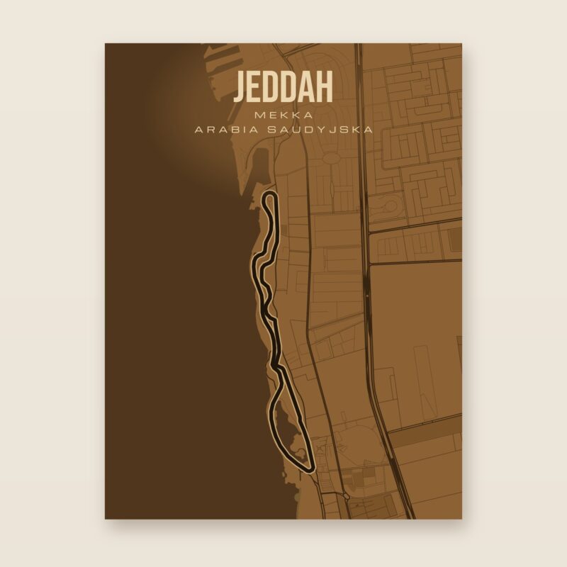 Plakat z mapą - Jeddah - plakat z mapą toru, brązowy styl, bez ramy
