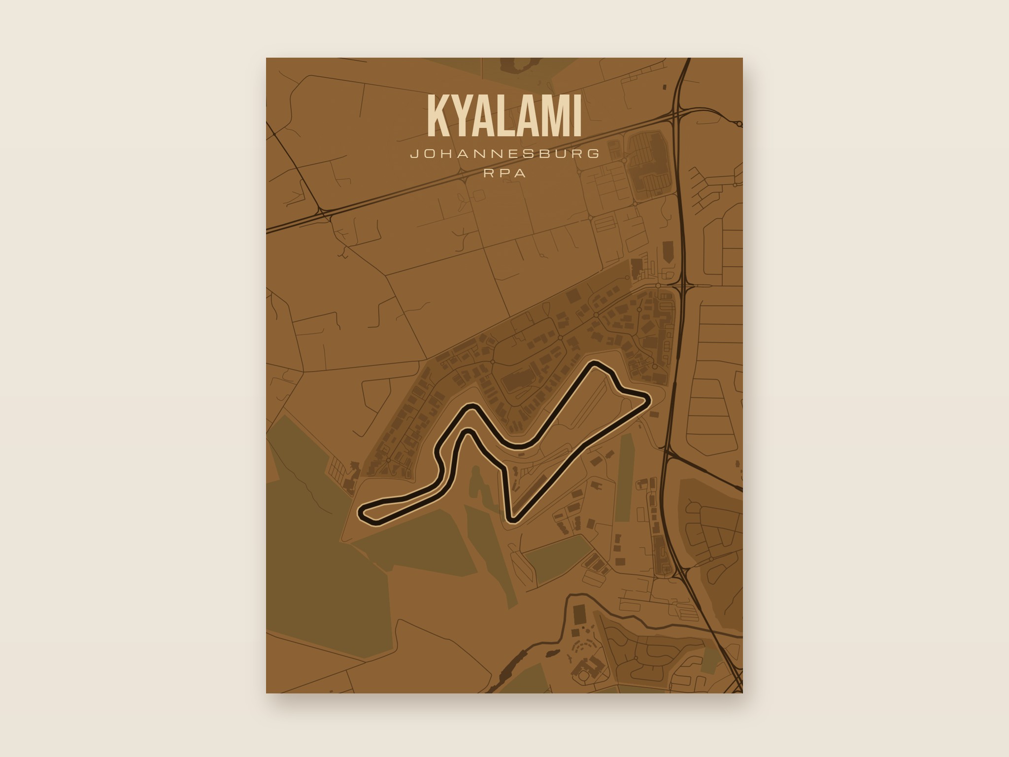 Plakat z mapą - Kyalami - plakat z mapą toru, brązowy styl, bez ramy