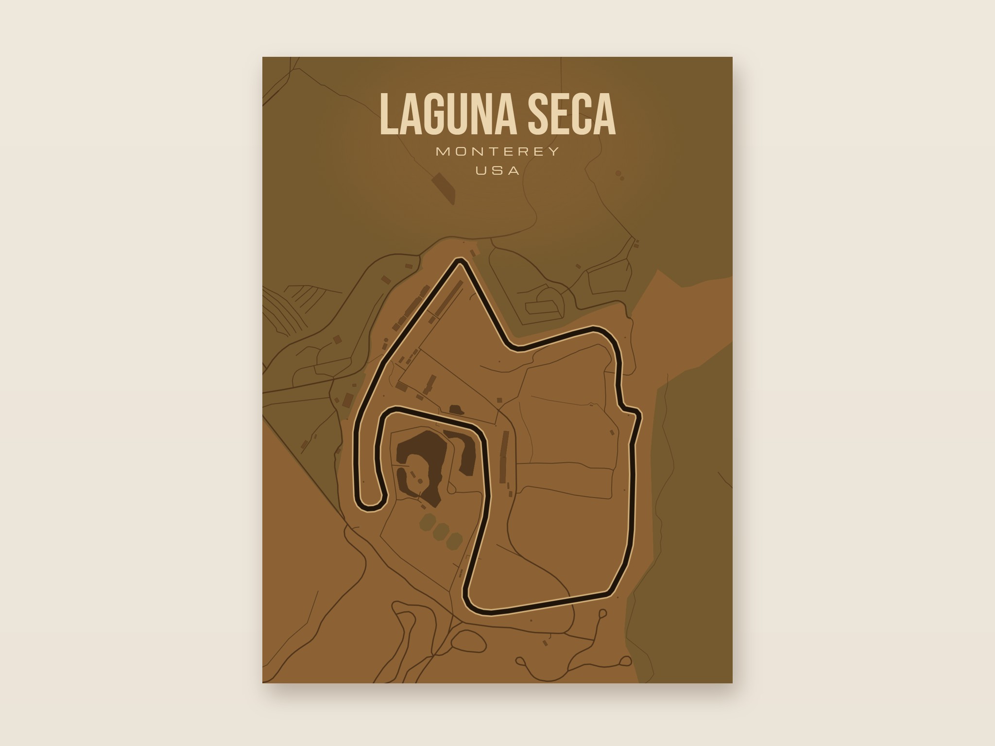 Plakat z mapą - Laguna Seca - plakat z mapą toru, brązowy styl, bez ramy