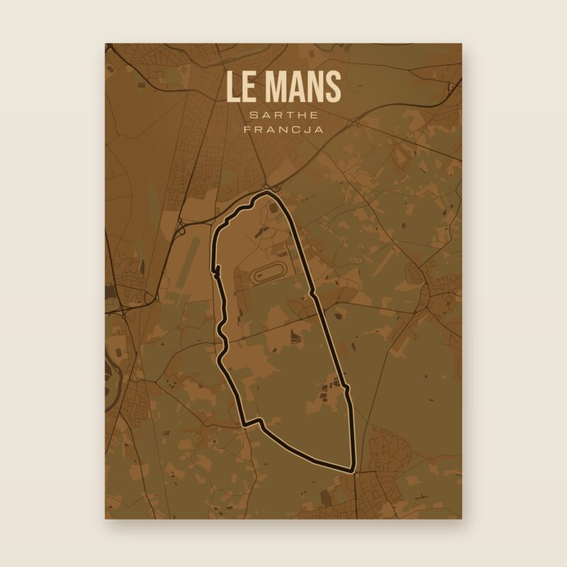 Plakat z mapą - Le Mans - plakat z mapą toru, brązowy styl, bez ramy