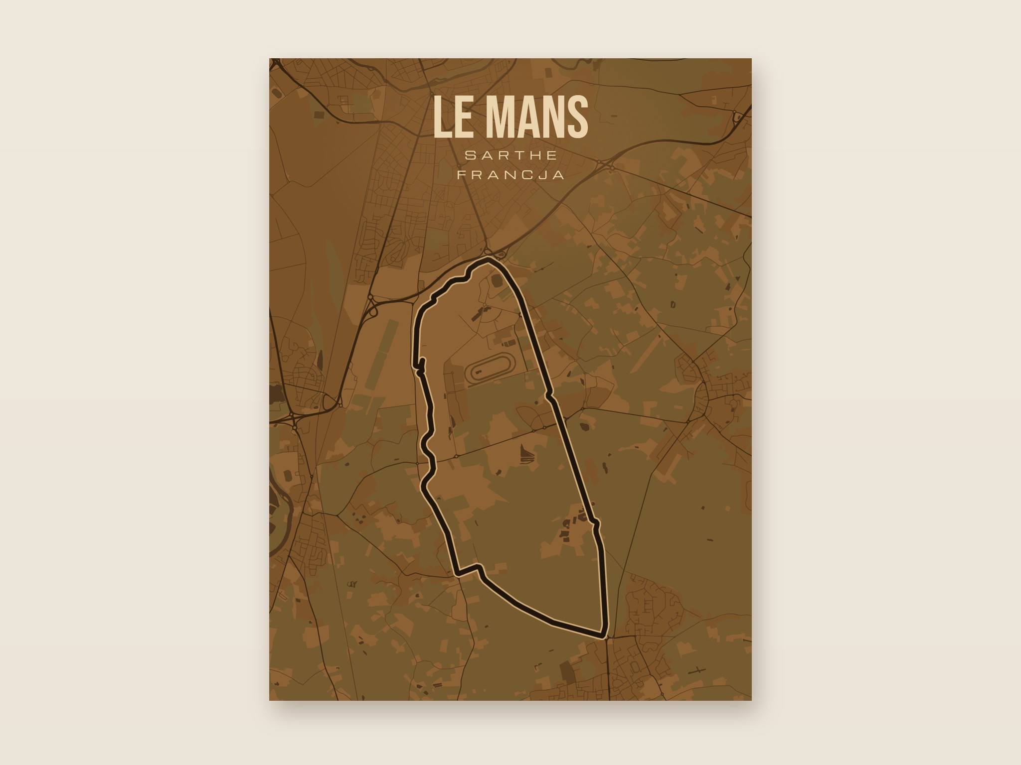 Plakat z mapą - Le Mans - plakat z mapą toru, brązowy styl, bez ramy