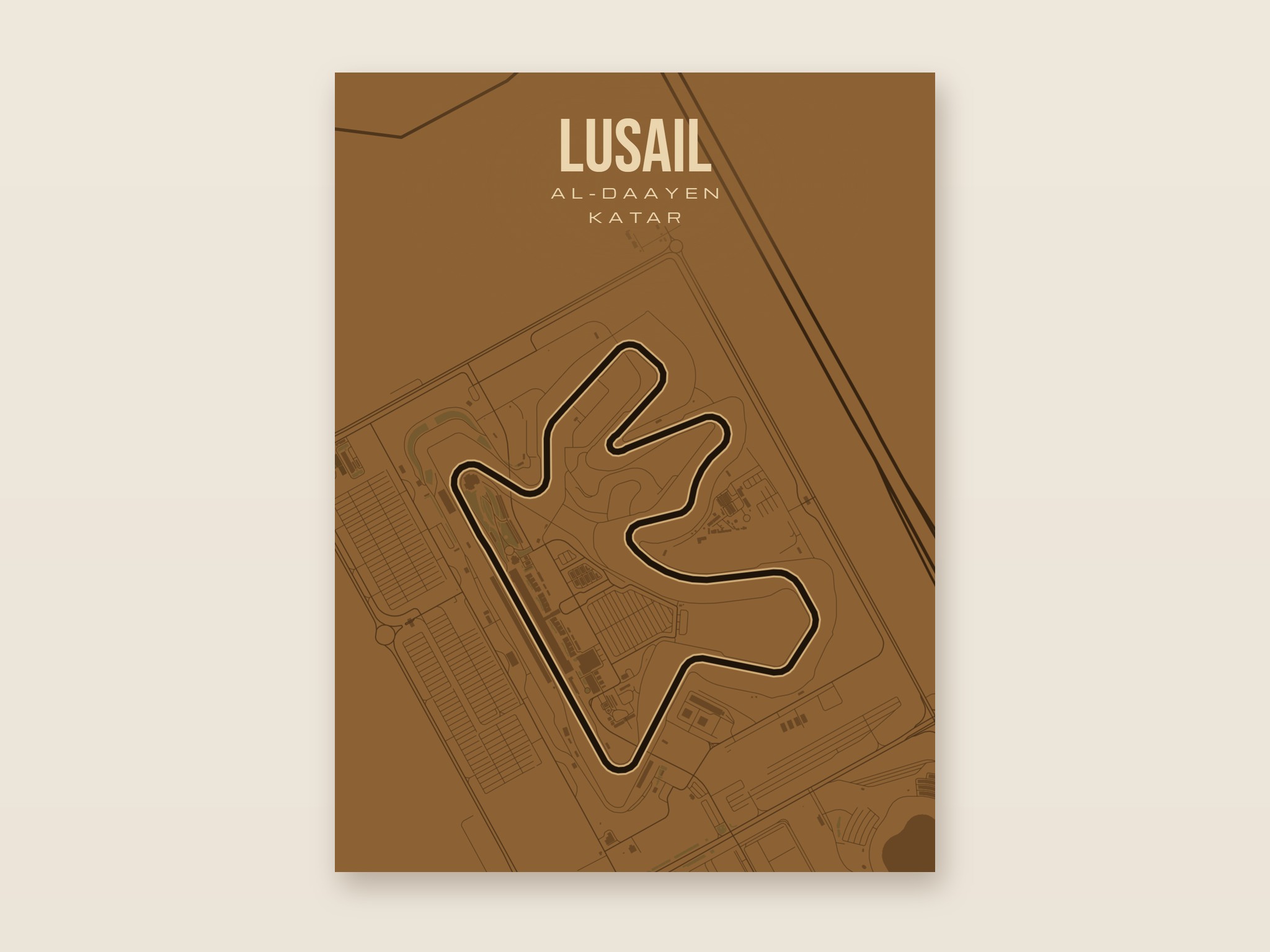 Plakat z mapą - Lusail - plakat z mapą toru, brązowy styl, bez ramy