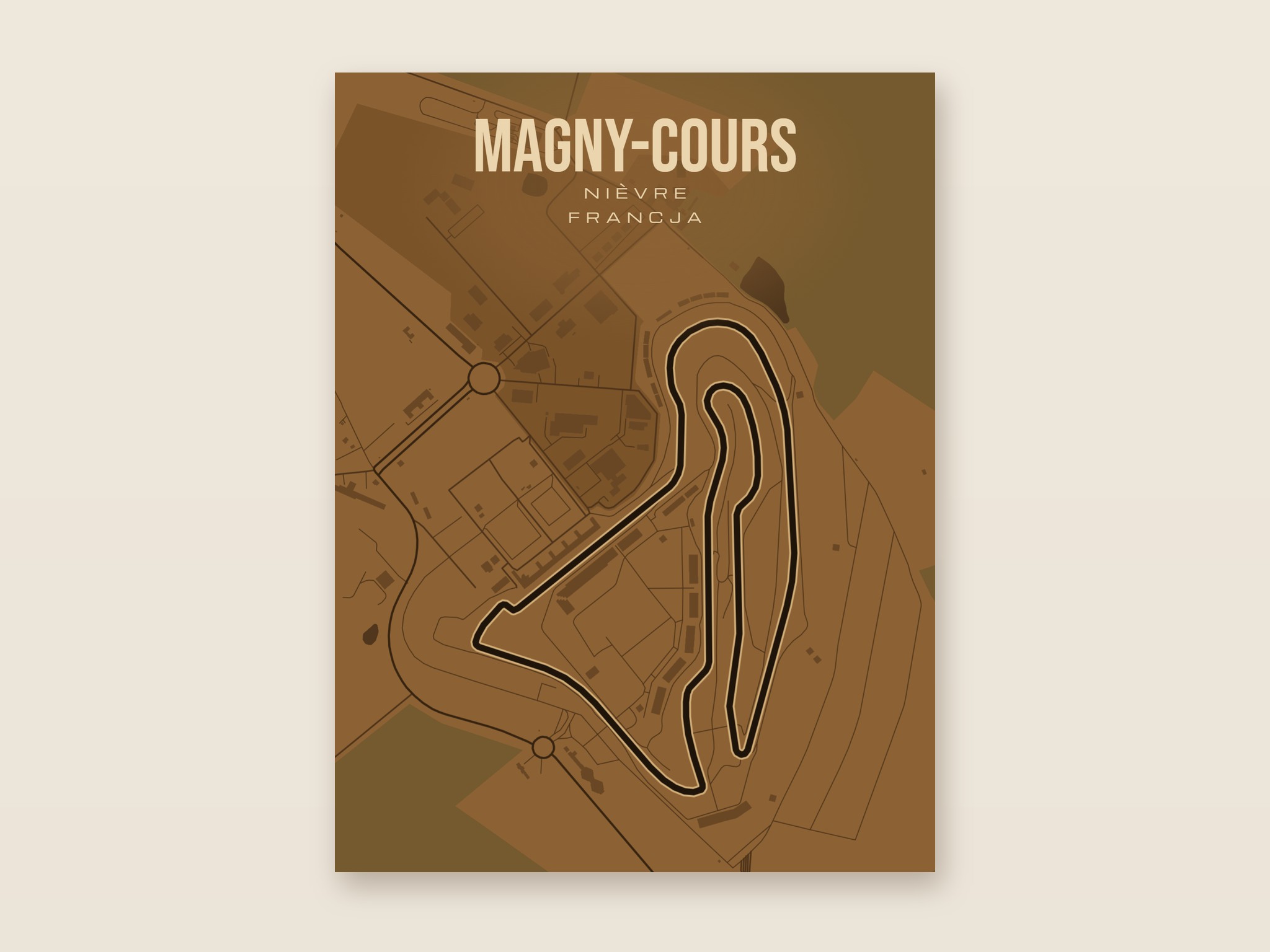 Plakat z mapą - Magny-Cours - plakat z mapą toru, brązowy styl, bez ramy