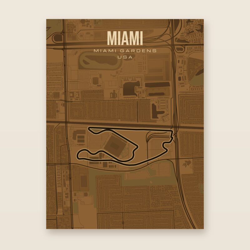 Plakat z mapą - Miami - plakat z mapą toru, brązowy styl, bez ramy