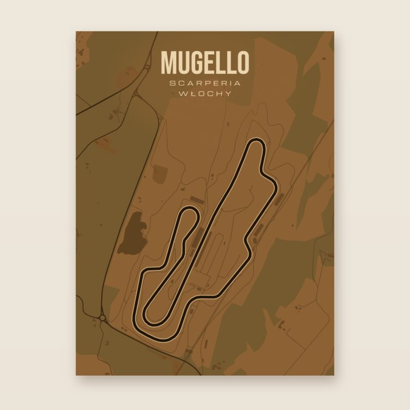 Plakat z mapą - Mugello - plakat z mapą toru, brązowy styl, bez ramy