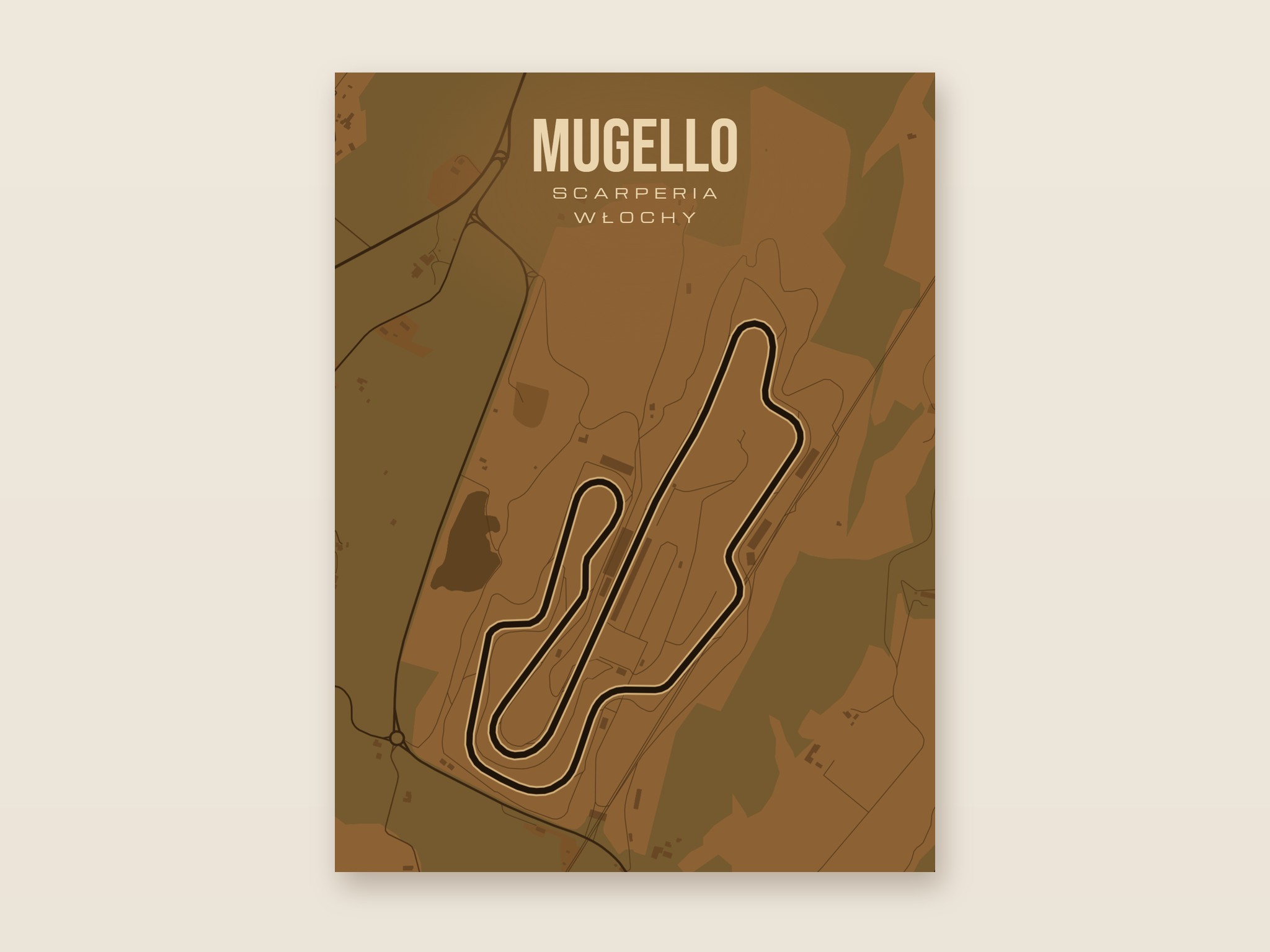 Plakat z mapą - Mugello - plakat z mapą toru, brązowy styl, bez ramy