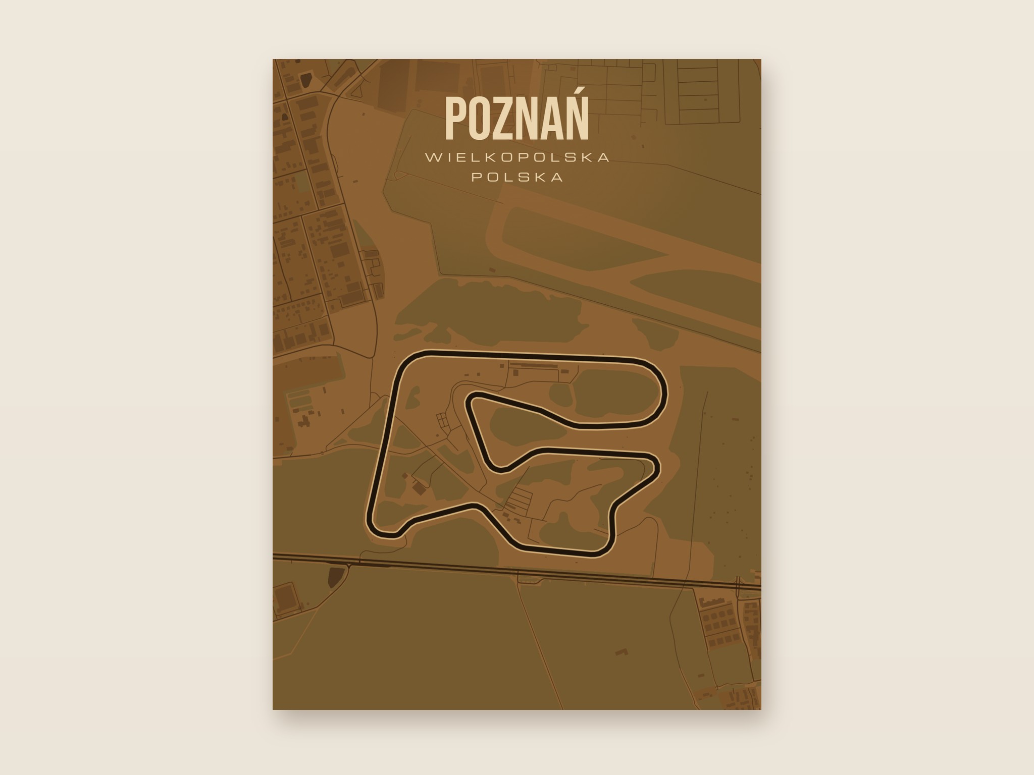 Plakat z mapą - Poznań - plakat z mapą toru, brązowy styl, bez ramy