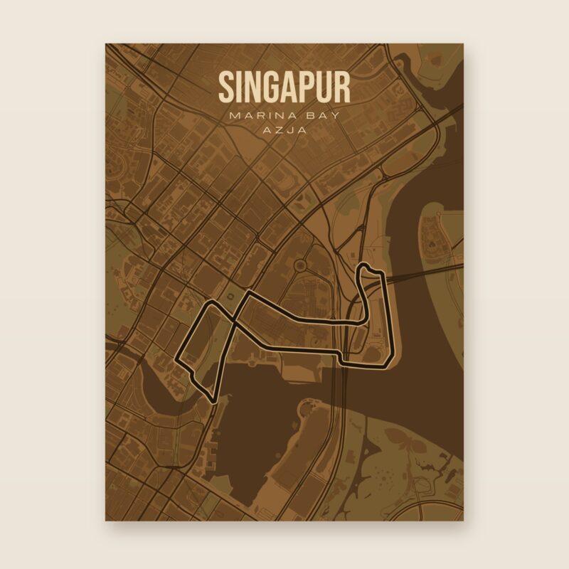 Plakat z mapą - Singapur - plakat z mapą toru, brązowy styl, bez ramy