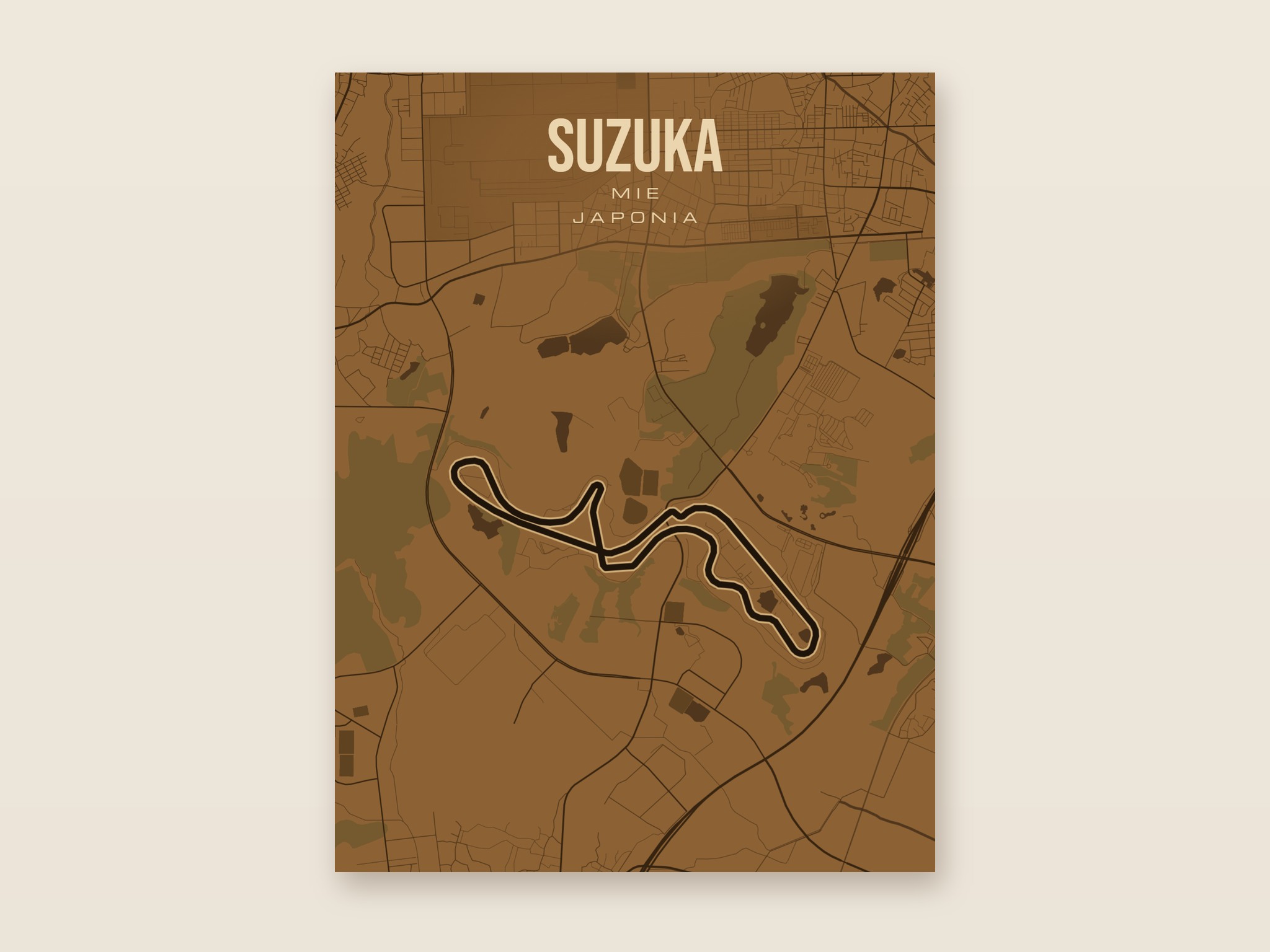 Plakat z mapą - Suzuka - plakat z mapą toru, brązowy styl, bez ramy