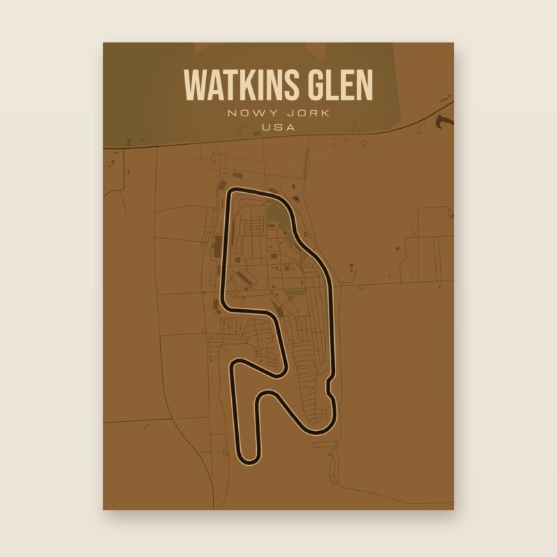 Plakat z mapą - Watkins Glen - plakat z mapą toru, brązowy styl, bez ramy