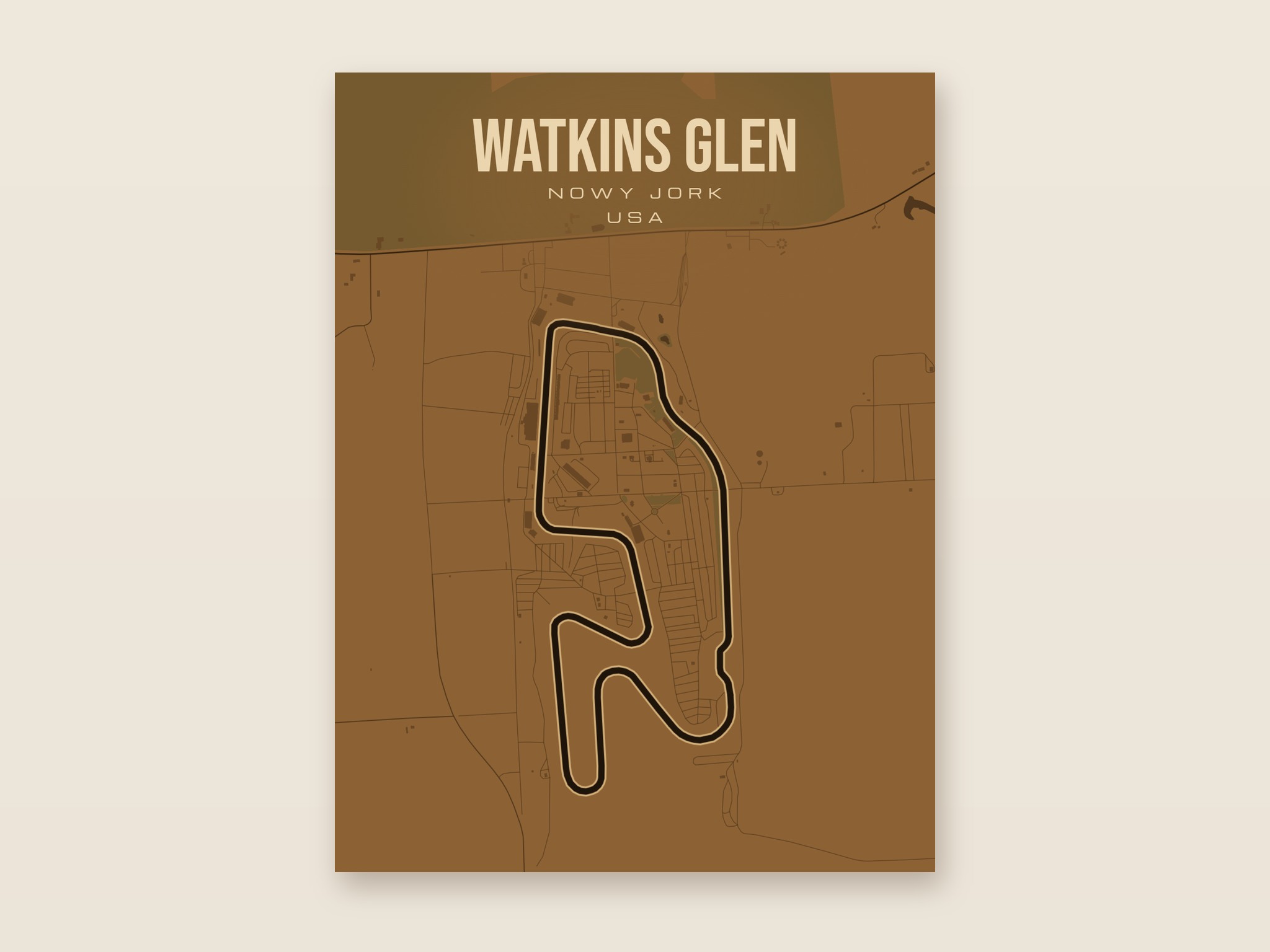 Plakat z mapą - Watkins Glen - plakat z mapą toru, brązowy styl, bez ramy