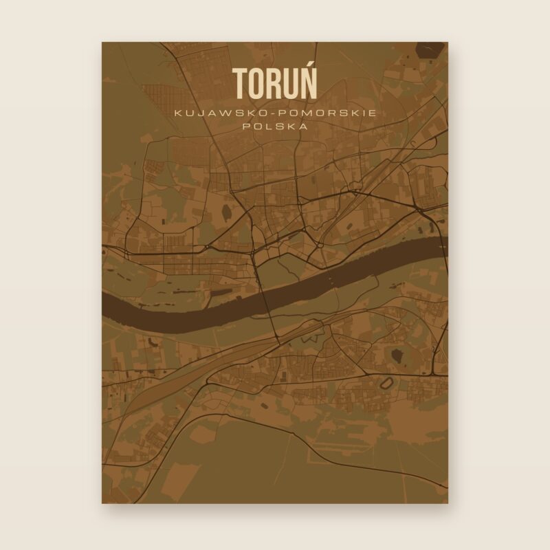Plakat z mapą - Toruń, brązowy styl, bez ramy