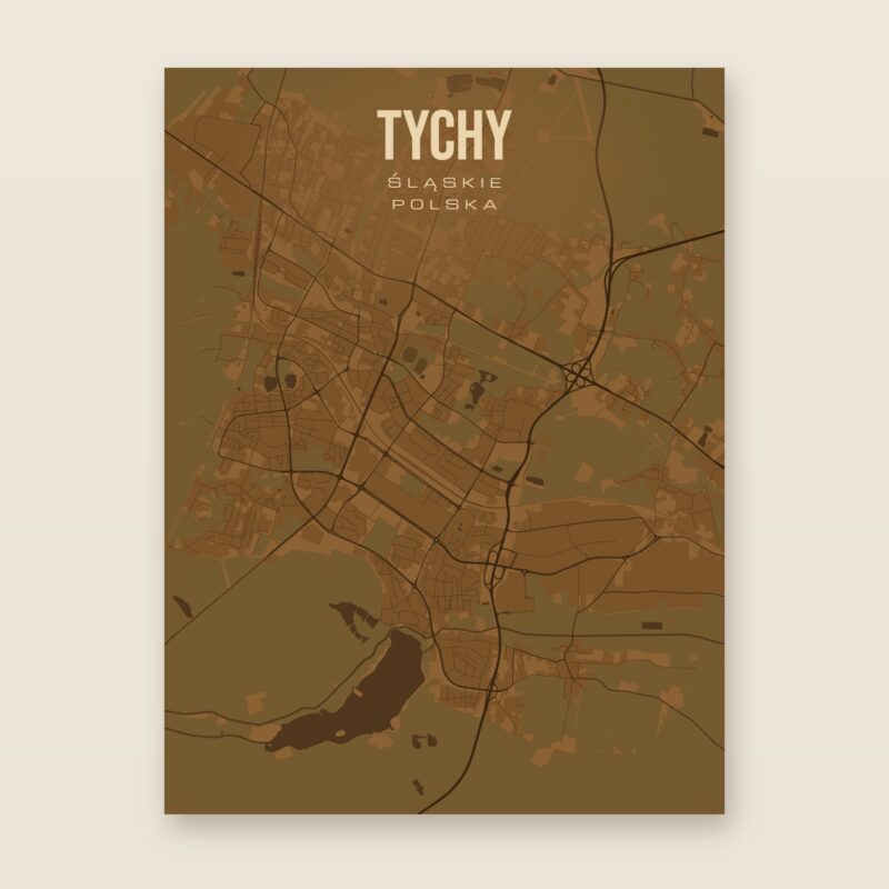 Plakat z mapą - Tychy, brązowy styl, bez ramy