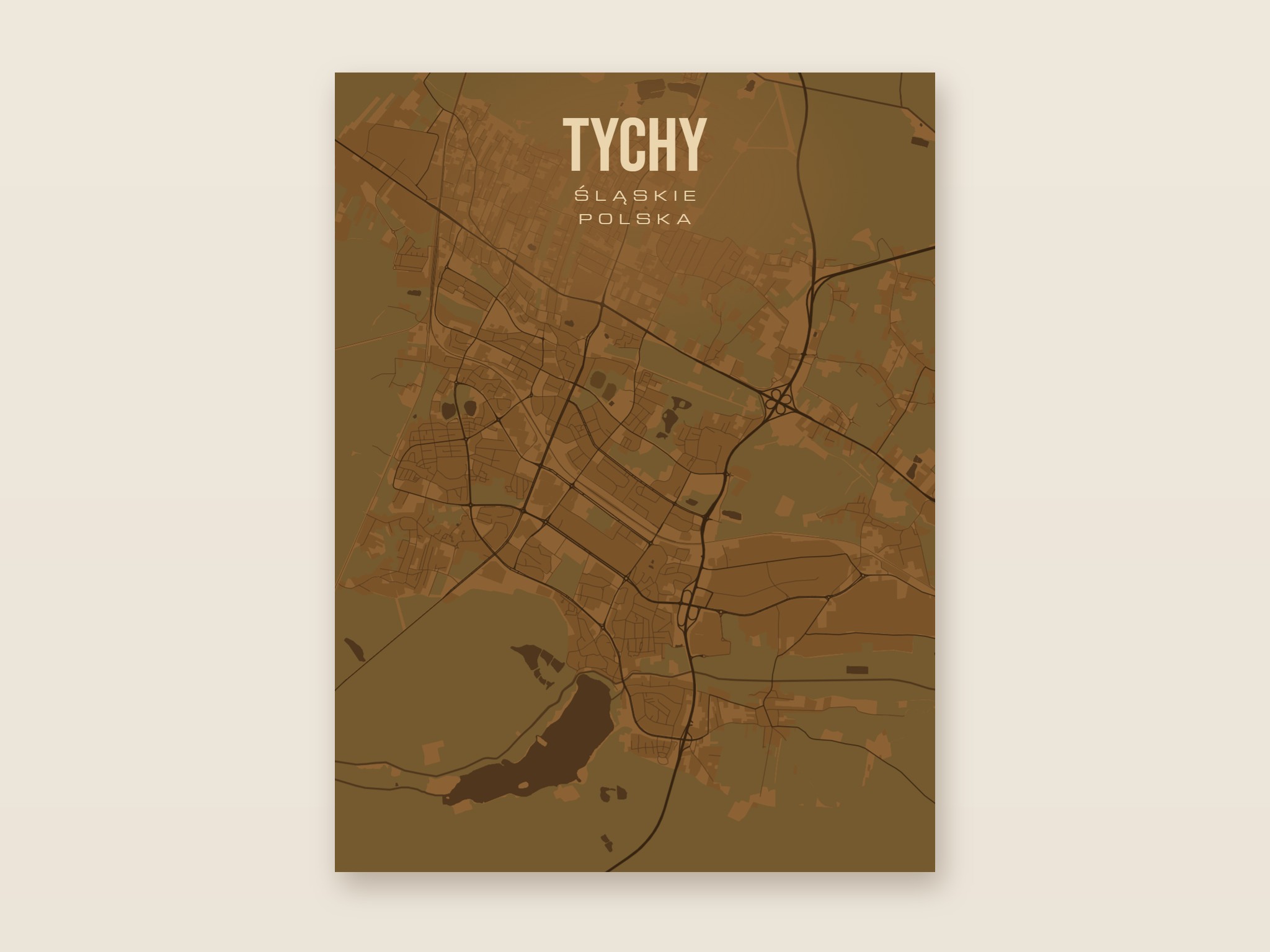 Plakat z mapą - Tychy, brązowy styl, bez ramy