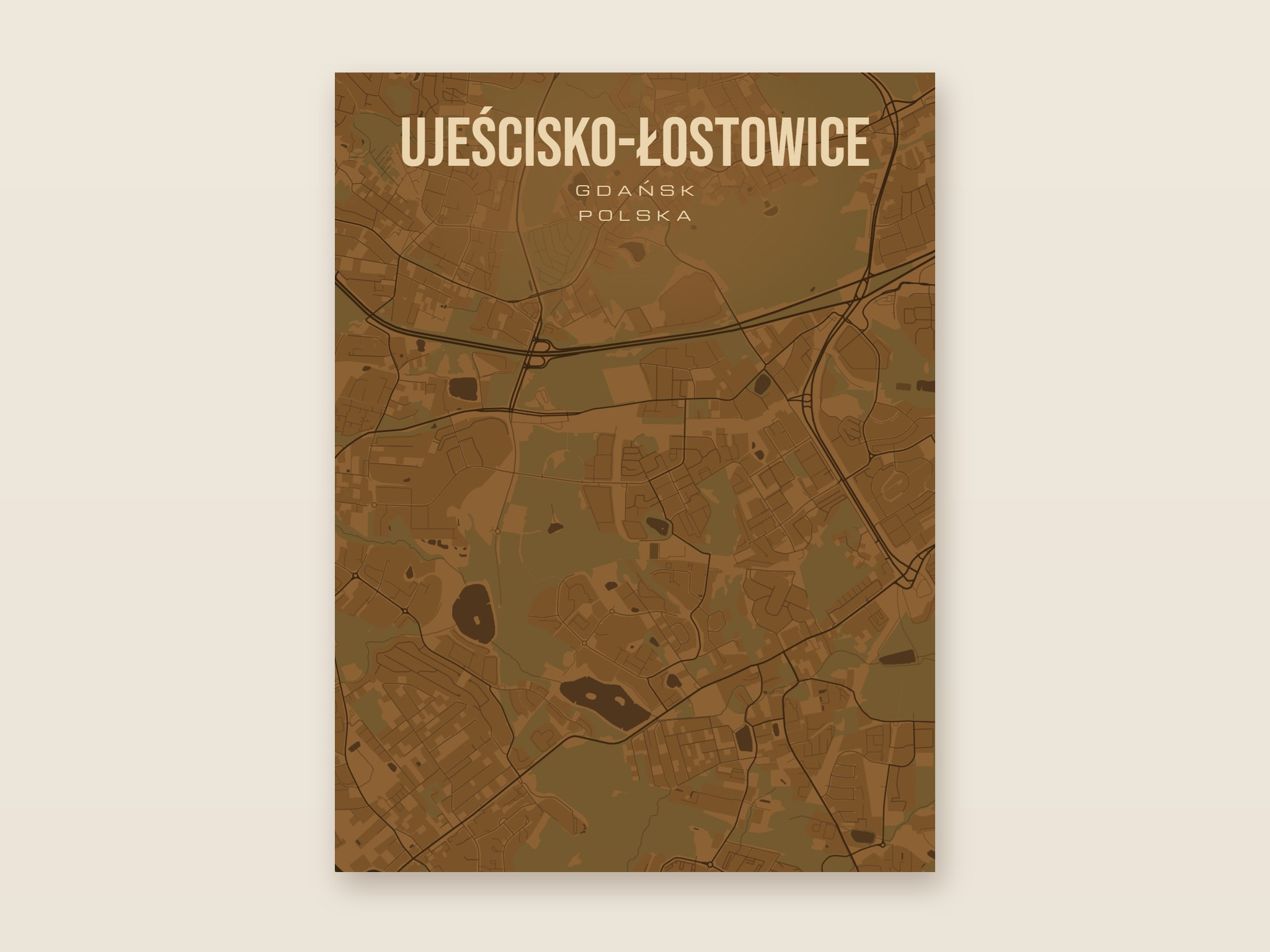Plakat z mapą - Ujeścisko-Łostowice (Gdańsk), brązowy styl, bez ramy