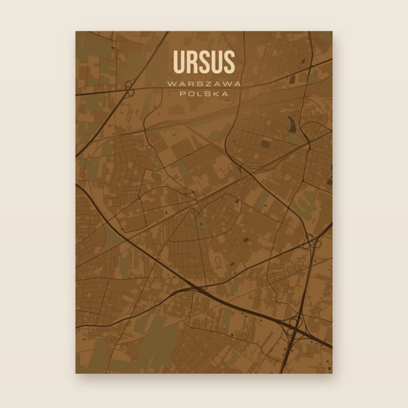 Plakat z mapą - Ursus (Warszawa), brązowy styl, bez ramy