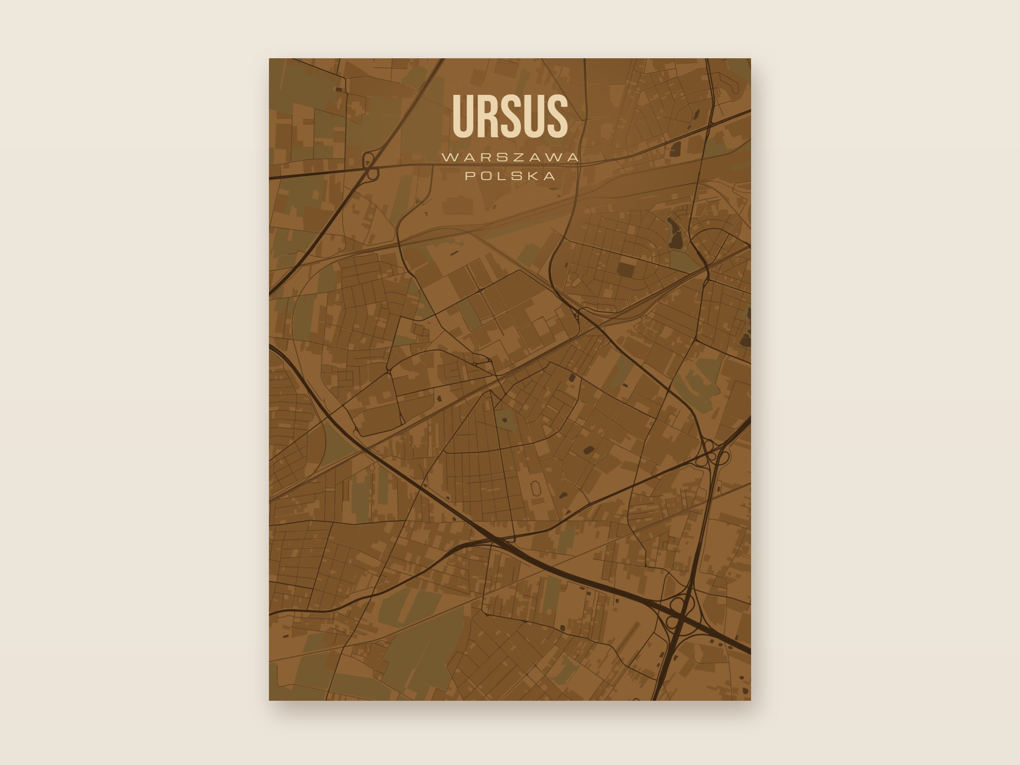Plakat z mapą - Ursus (Warszawa), brązowy styl, bez ramy