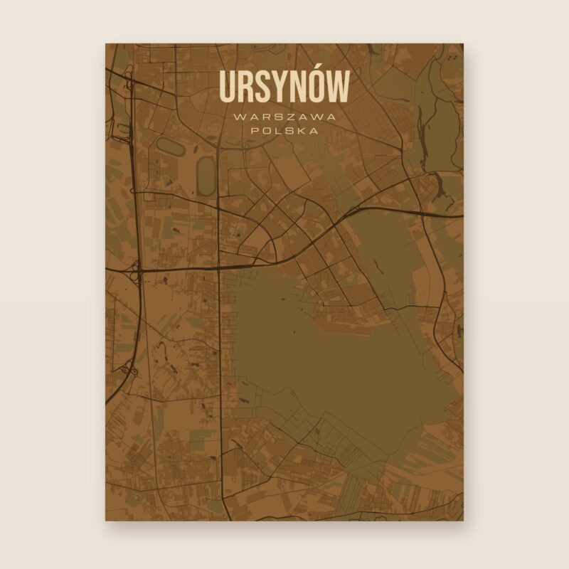 Plakat z mapą - Ursynów (Warszawa), brązowy styl, bez ramy