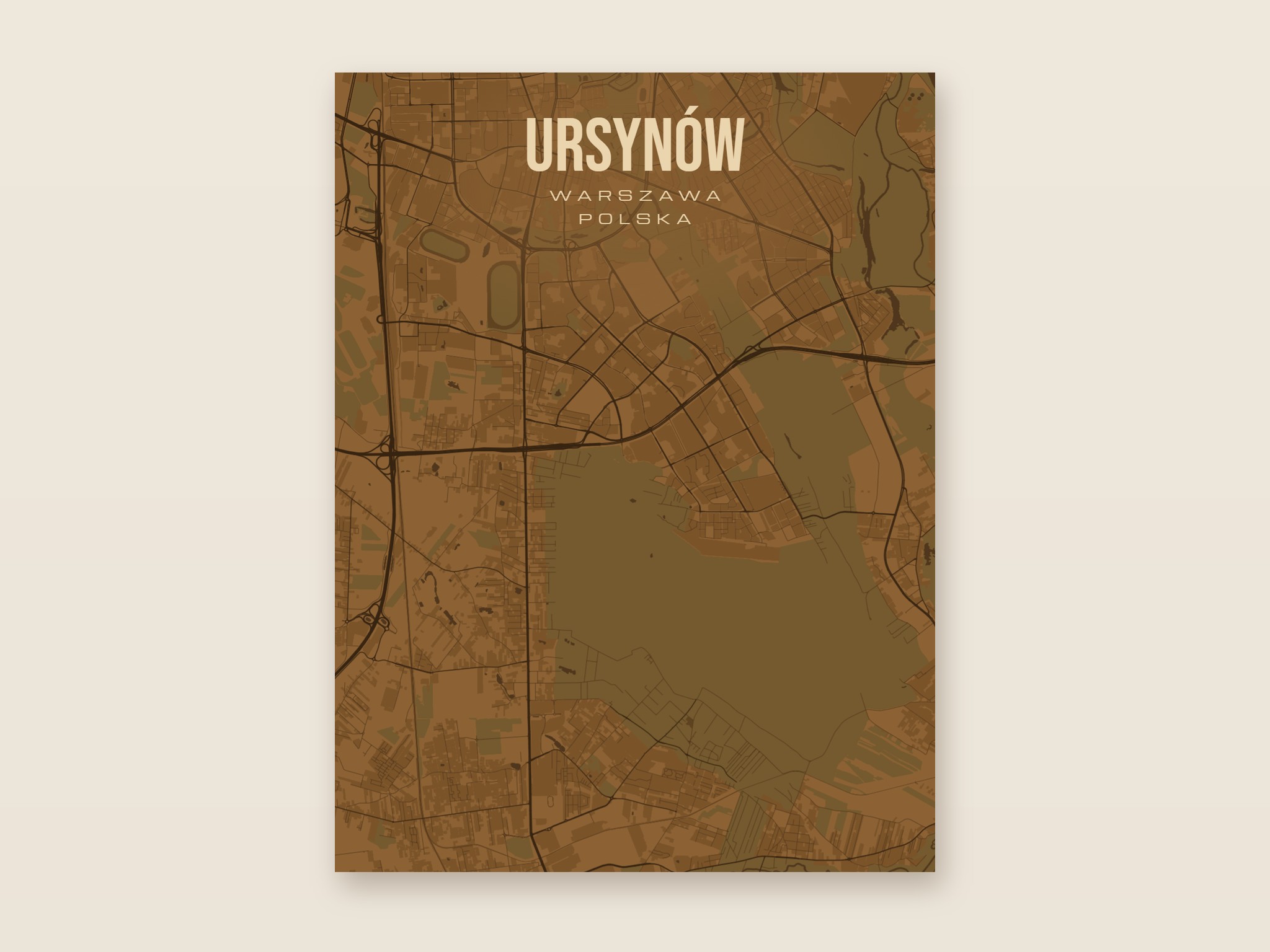 Plakat z mapą - Ursynów (Warszawa), brązowy styl, bez ramy