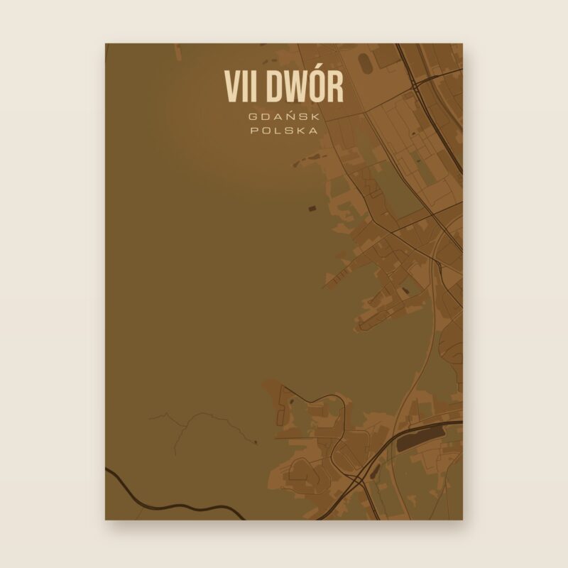 Plakat z mapą - VII Dwór (Gdańsk), brązowy styl, bez ramy