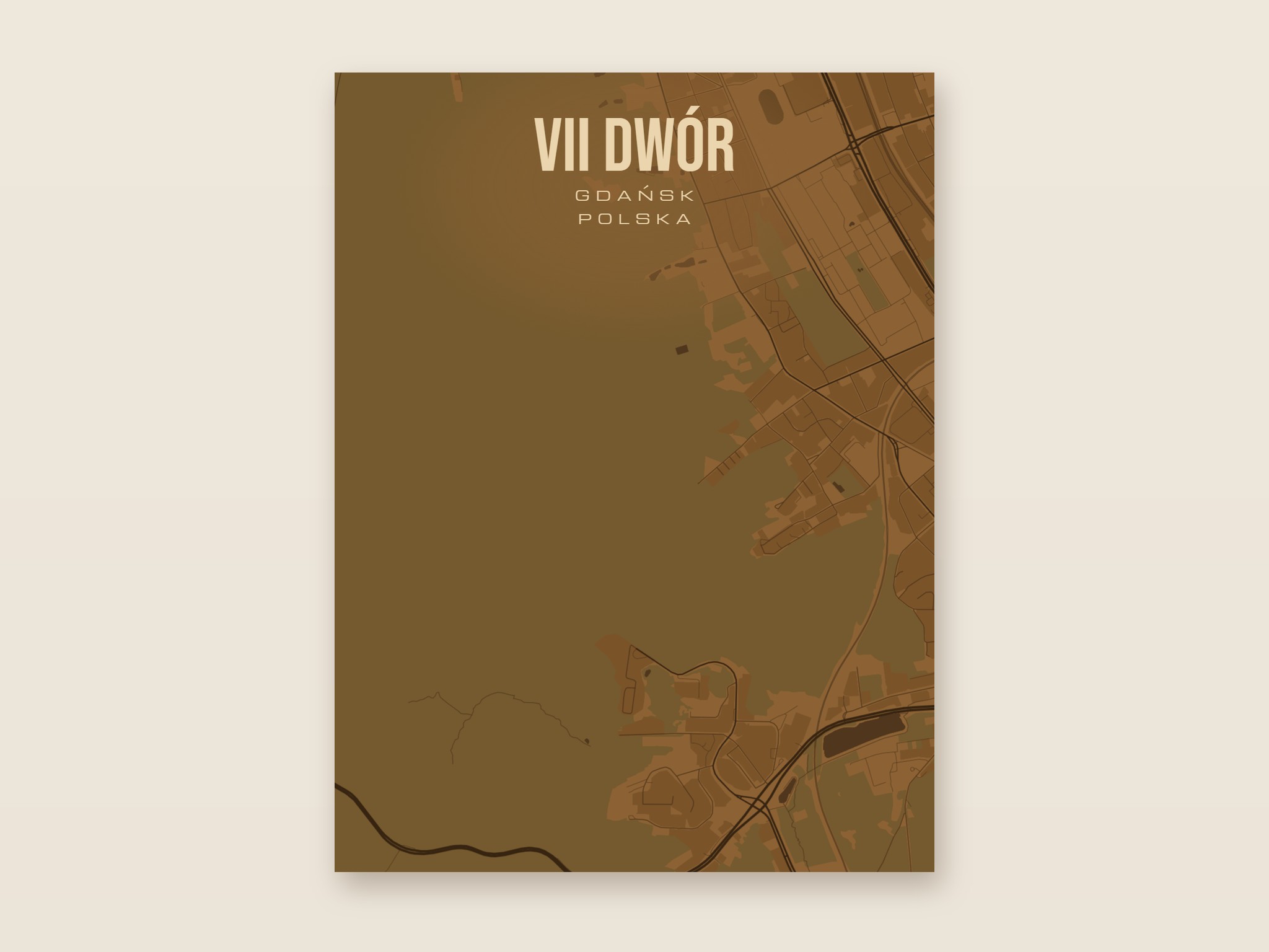 Plakat z mapą - VII Dwór (Gdańsk), brązowy styl, bez ramy