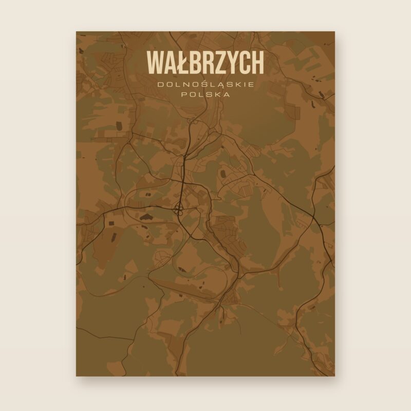Plakat z mapą - Wałbrzych, brązowy styl, bez ramy