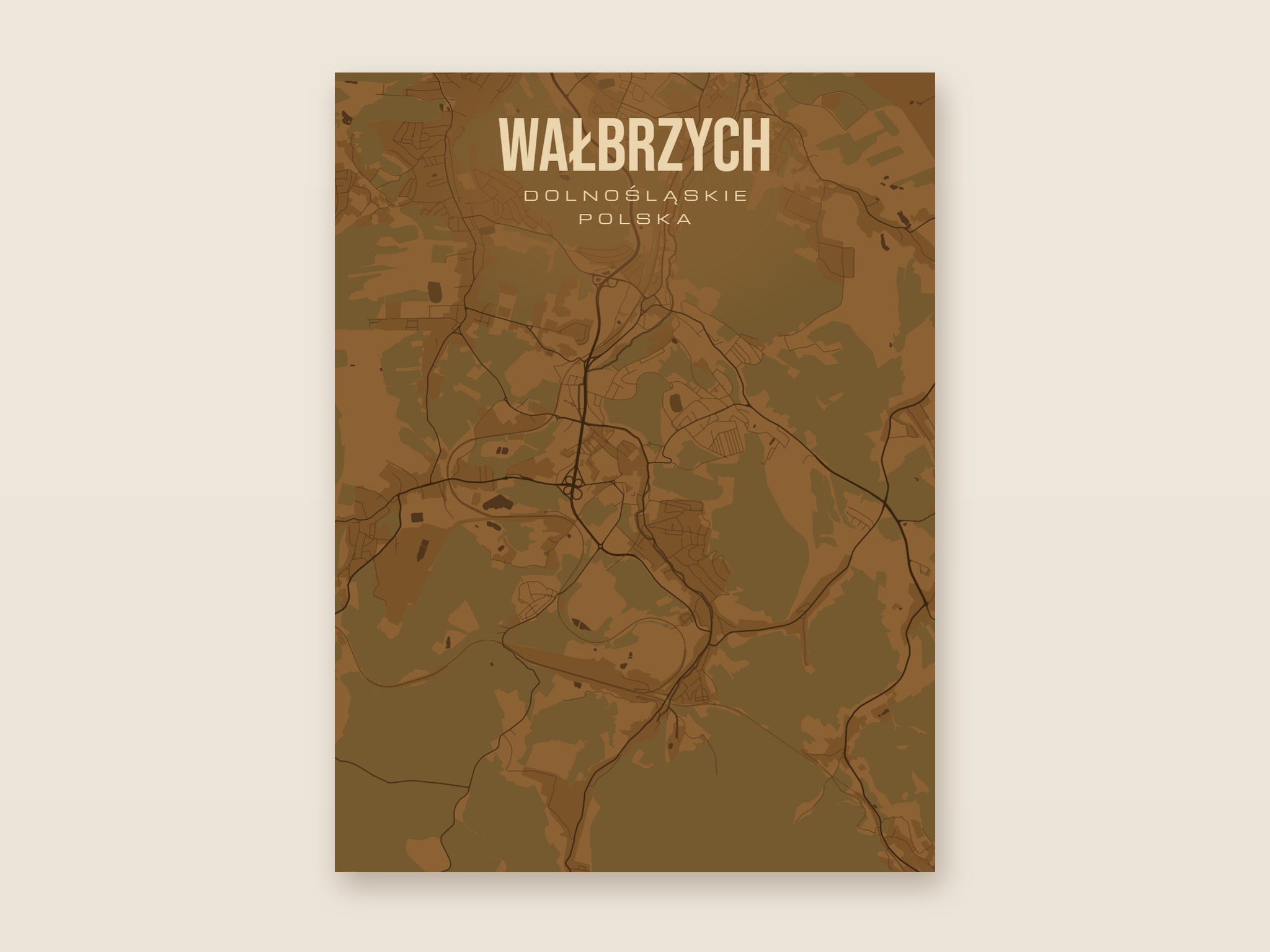 Plakat z mapą - Wałbrzych, brązowy styl, bez ramy
