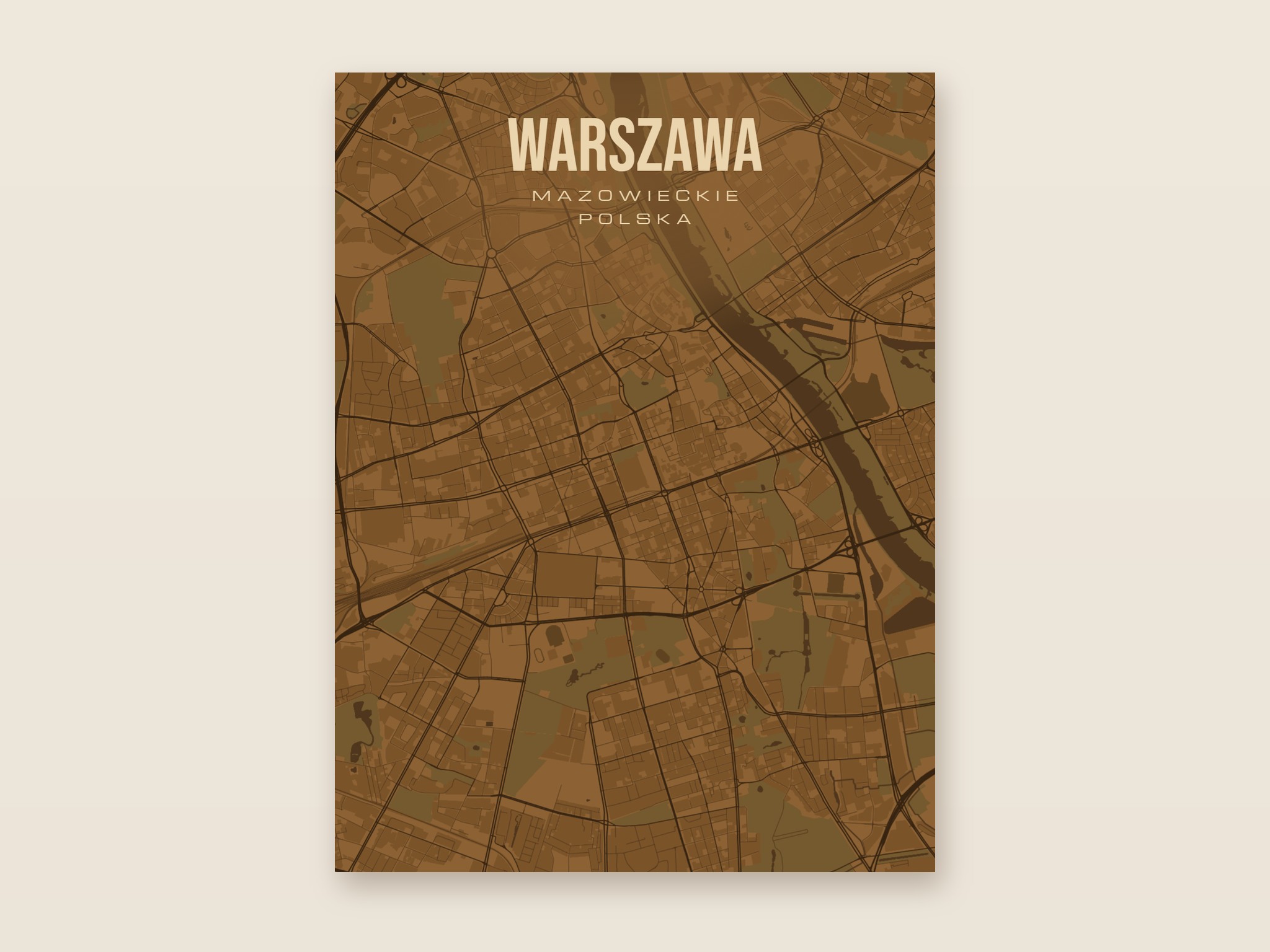 Plakat z mapą - Warszawa, brązowy styl, bez ramy