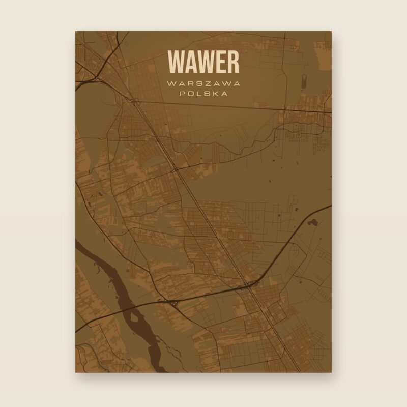 Plakat z mapą - Wawer (Warszawa), brązowy styl, bez ramy