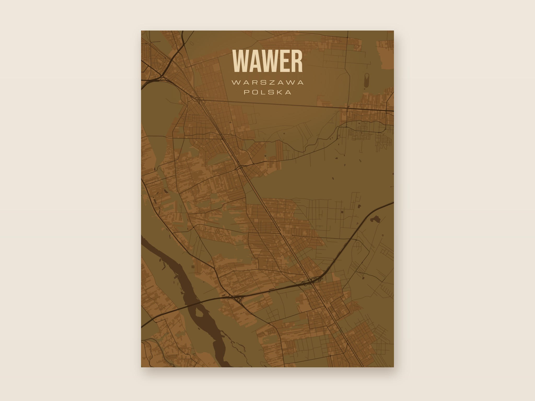 Plakat z mapą - Wawer (Warszawa), brązowy styl, bez ramy