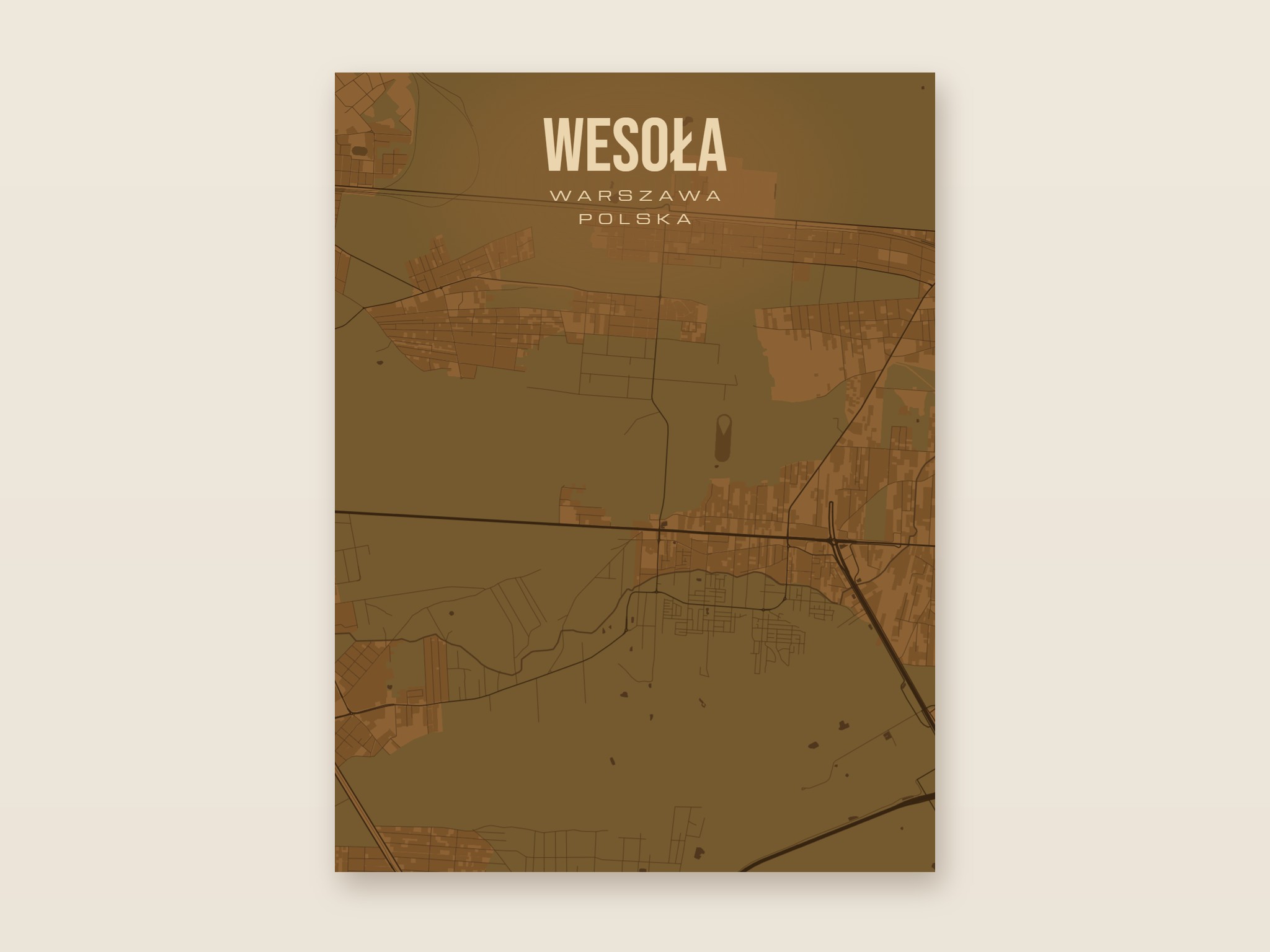 Plakat z mapą - Wesoła (Warszawa), brązowy styl, bez ramy