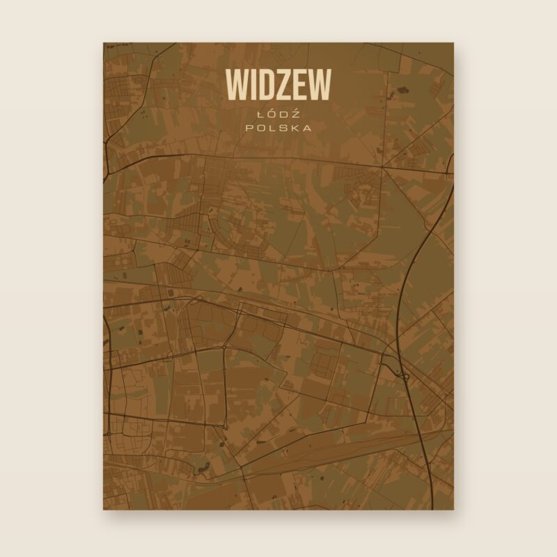Plakat z mapą - Widzew (Łódź), brązowy styl, bez ramy