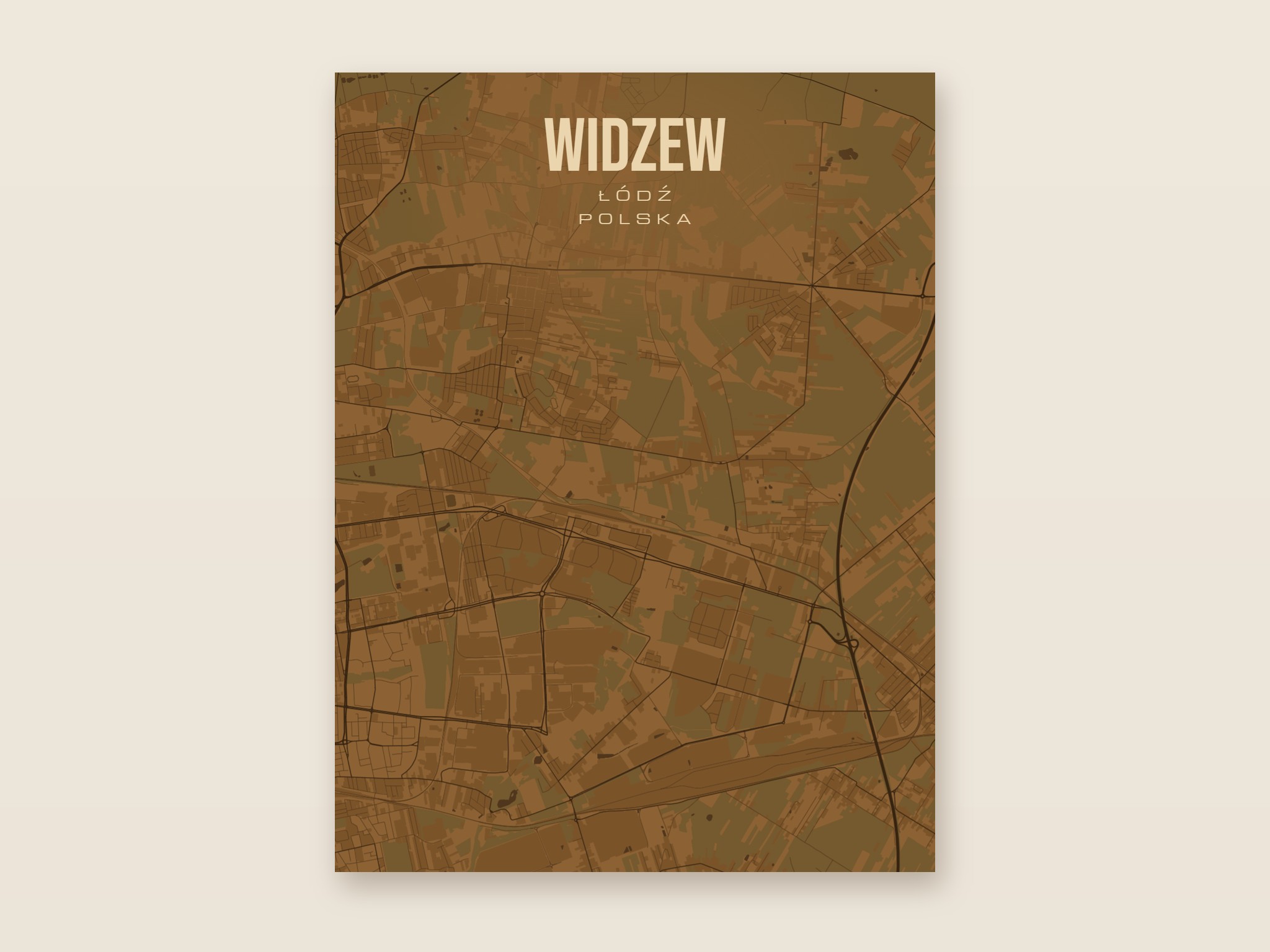 Plakat z mapą - Widzew (Łódź), brązowy styl, bez ramy