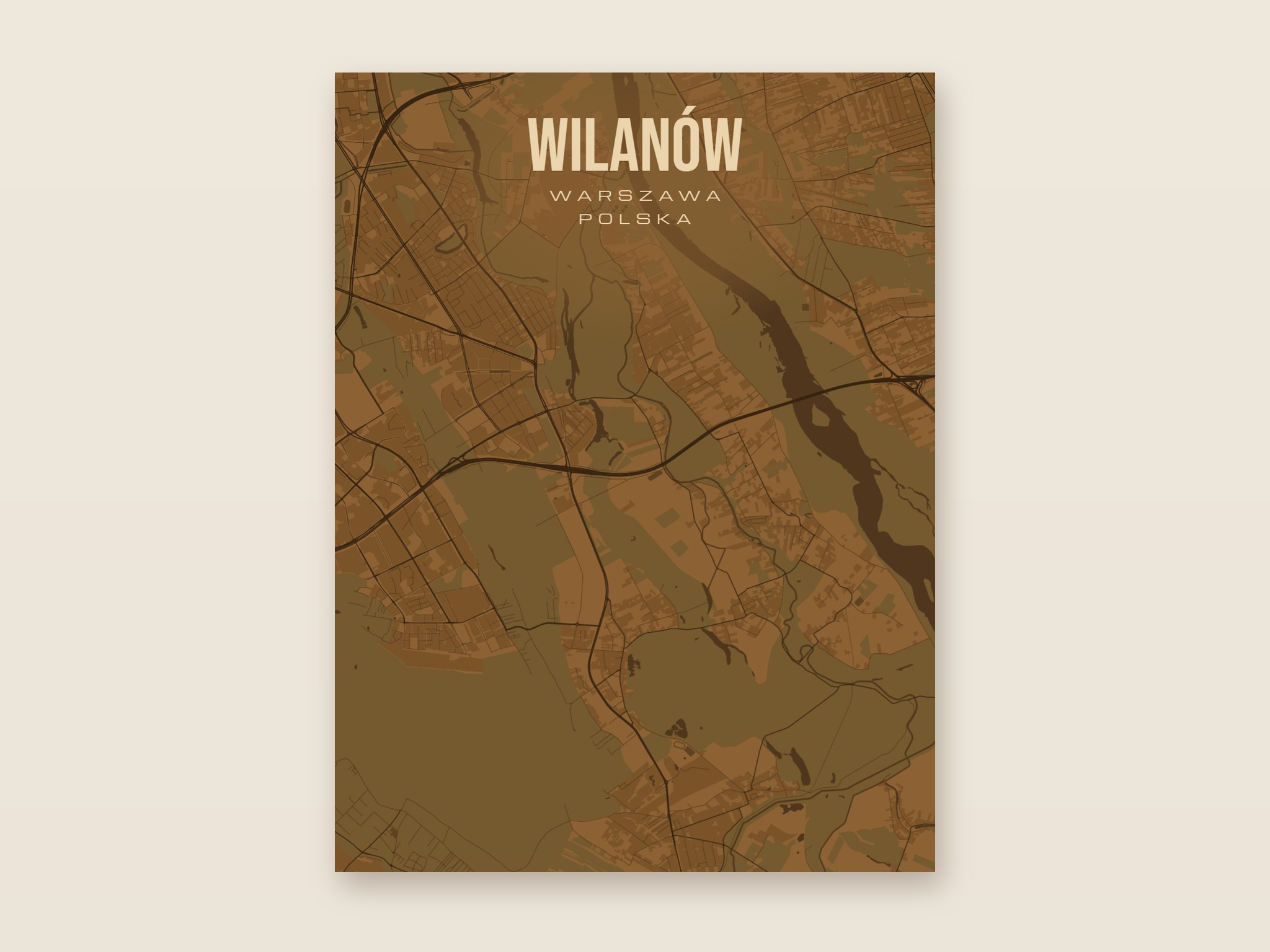 Plakat z mapą - Wilanów (Warszawa), brązowy styl, bez ramy