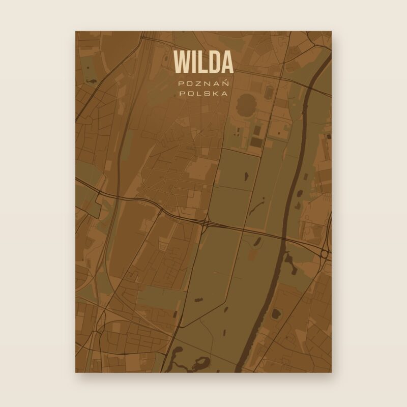 Plakat z mapą - Wilda (Poznań), brązowy styl, bez ramy