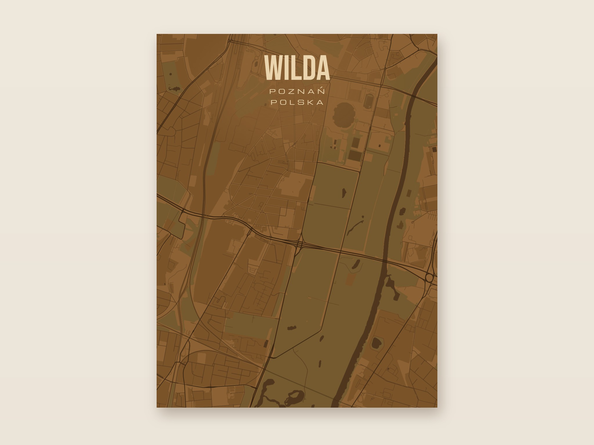 Plakat z mapą - Wilda (Poznań), brązowy styl, bez ramy