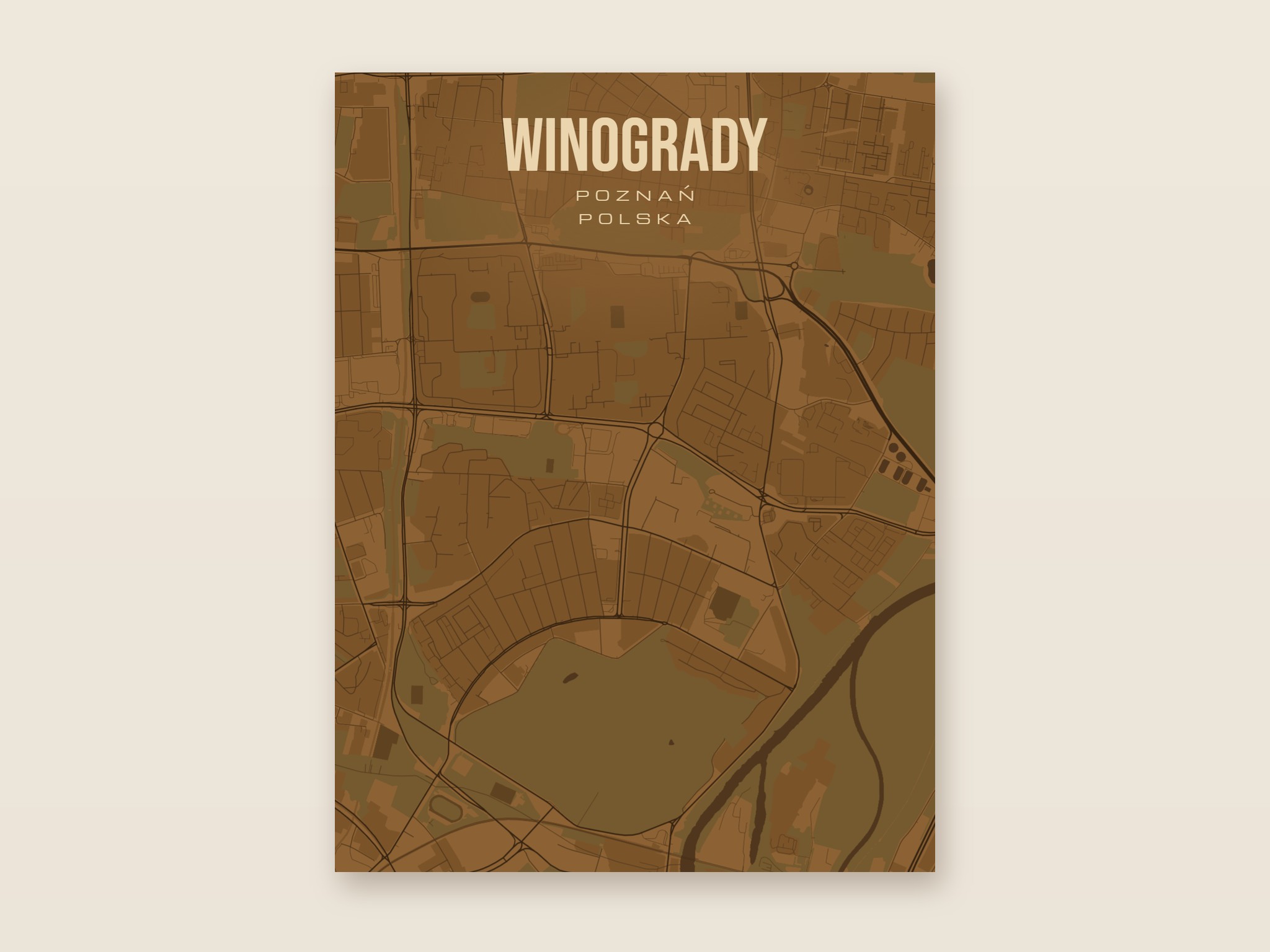 Plakat z mapą - Winogrady (Poznań), brązowy styl, bez ramy