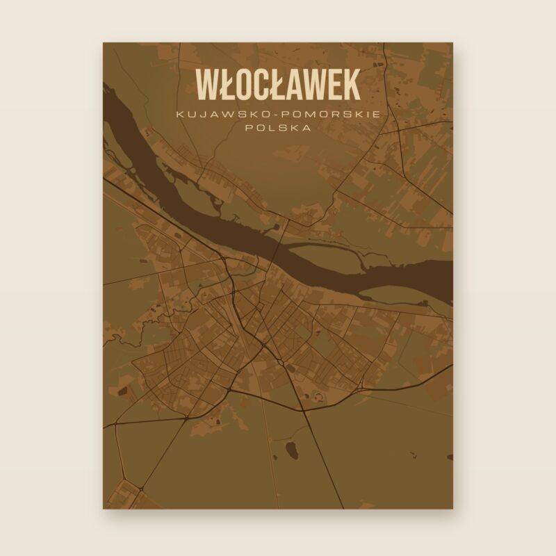 Plakat z mapą - Włocławek, brązowy styl, bez ramy