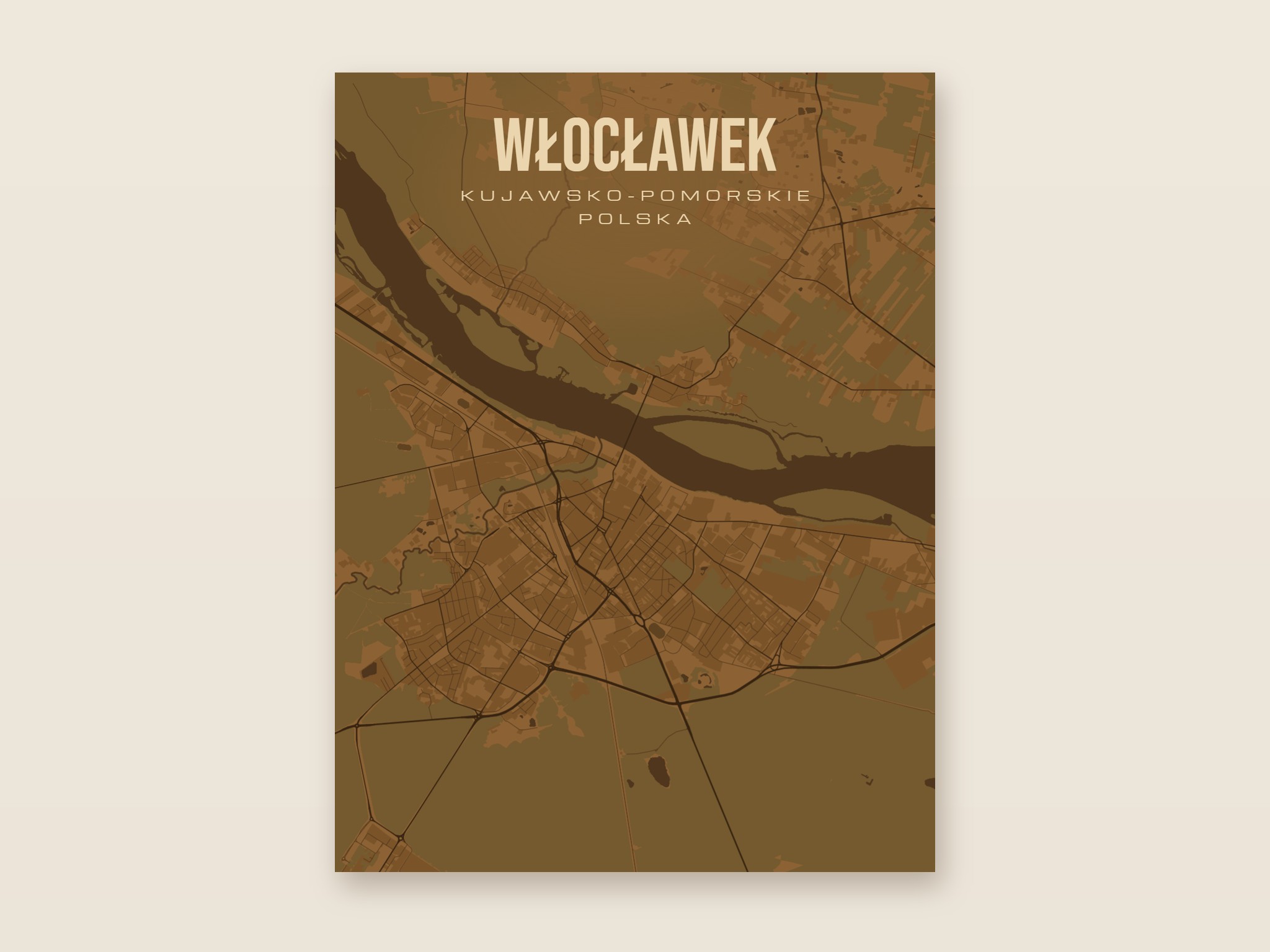 Plakat z mapą - Włocławek, brązowy styl, bez ramy