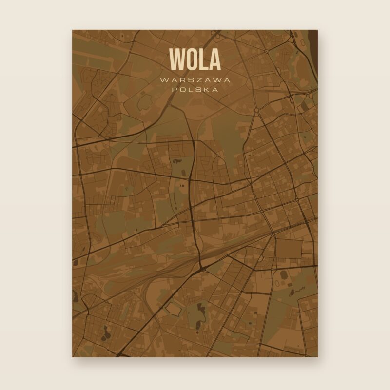 Plakat z mapą - Wola (Warszawa), brązowy styl, bez ramy