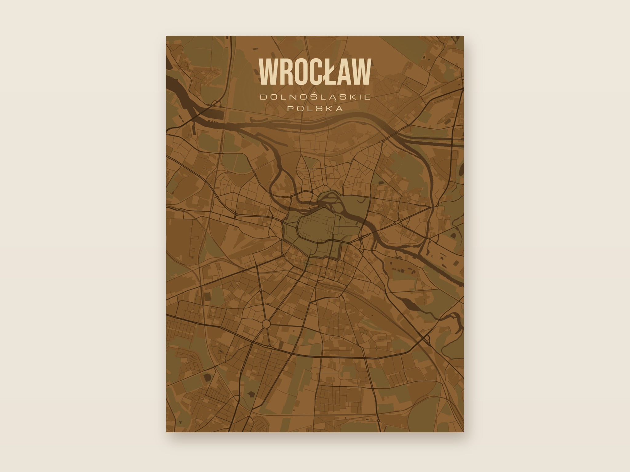Plakat z mapą - Wrocław, brązowy styl, bez ramy