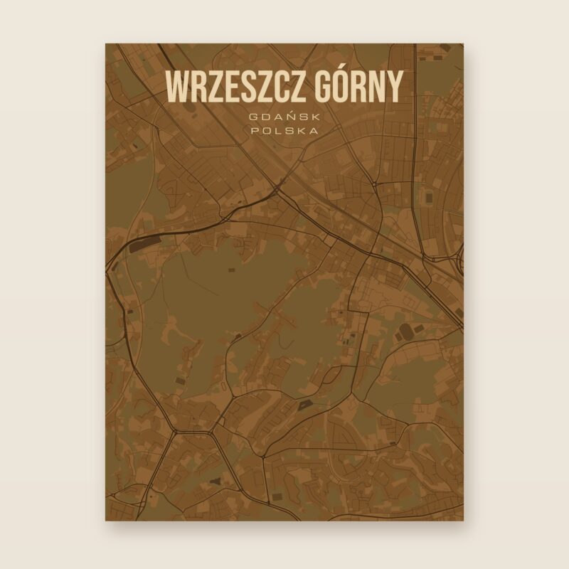 Plakat z mapą - Wrzeszcz Górny (Gdańsk), brązowy styl, bez ramy