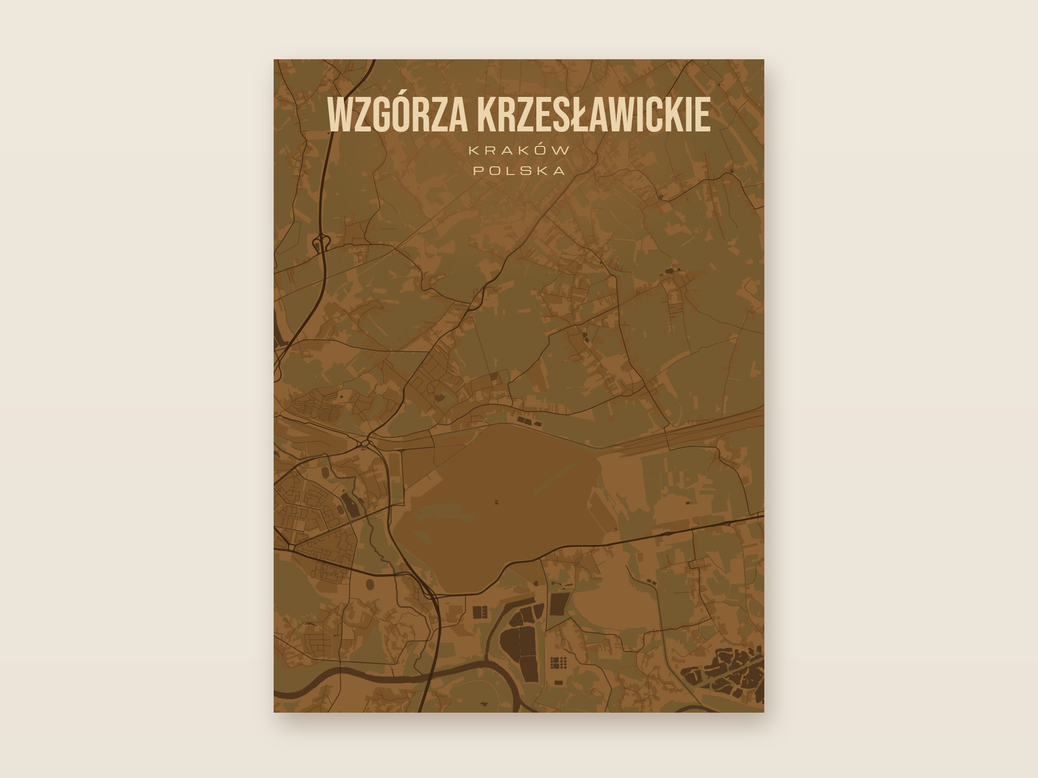 Plakat z mapą - Wzgórza Krzesławickie (Kraków), brązowy styl, bez ramy