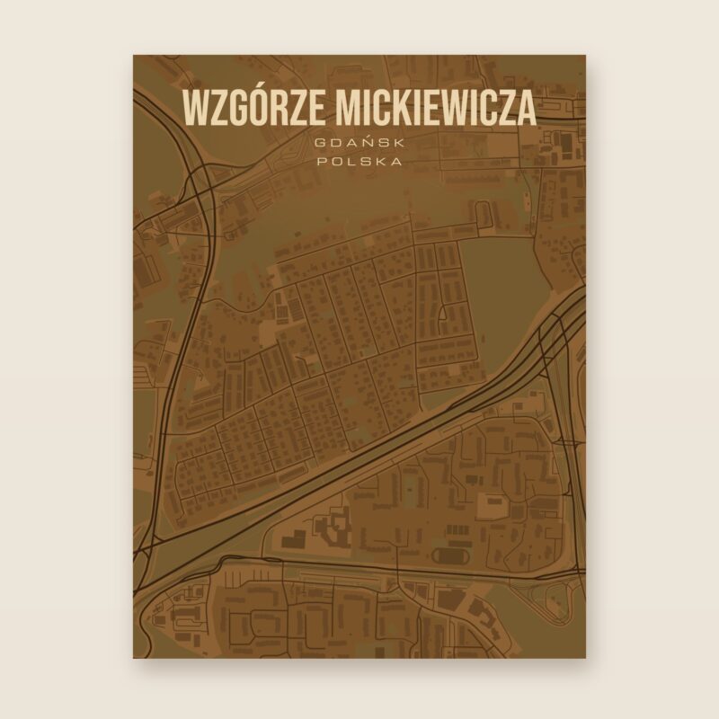 Plakat z mapą - Wzgórze Mickiewicza (Gdańsk), brązowy styl, bez ramy