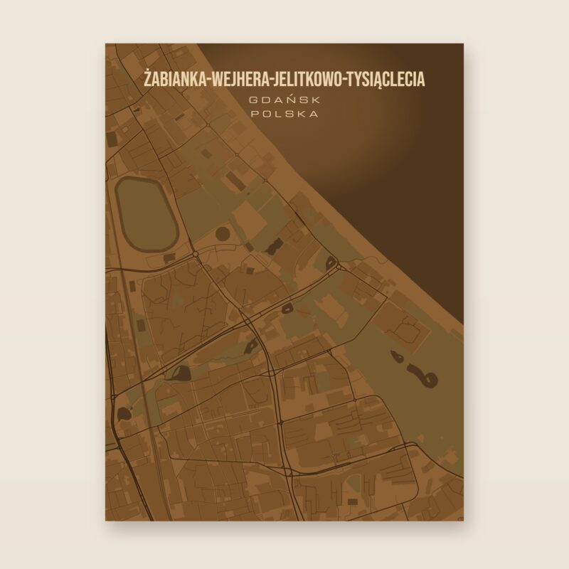 Plakat z mapą - Żabianka-Wejhera-Jelitkowo-Tysiąclecia (Gdańsk), brązowy styl, bez ramy