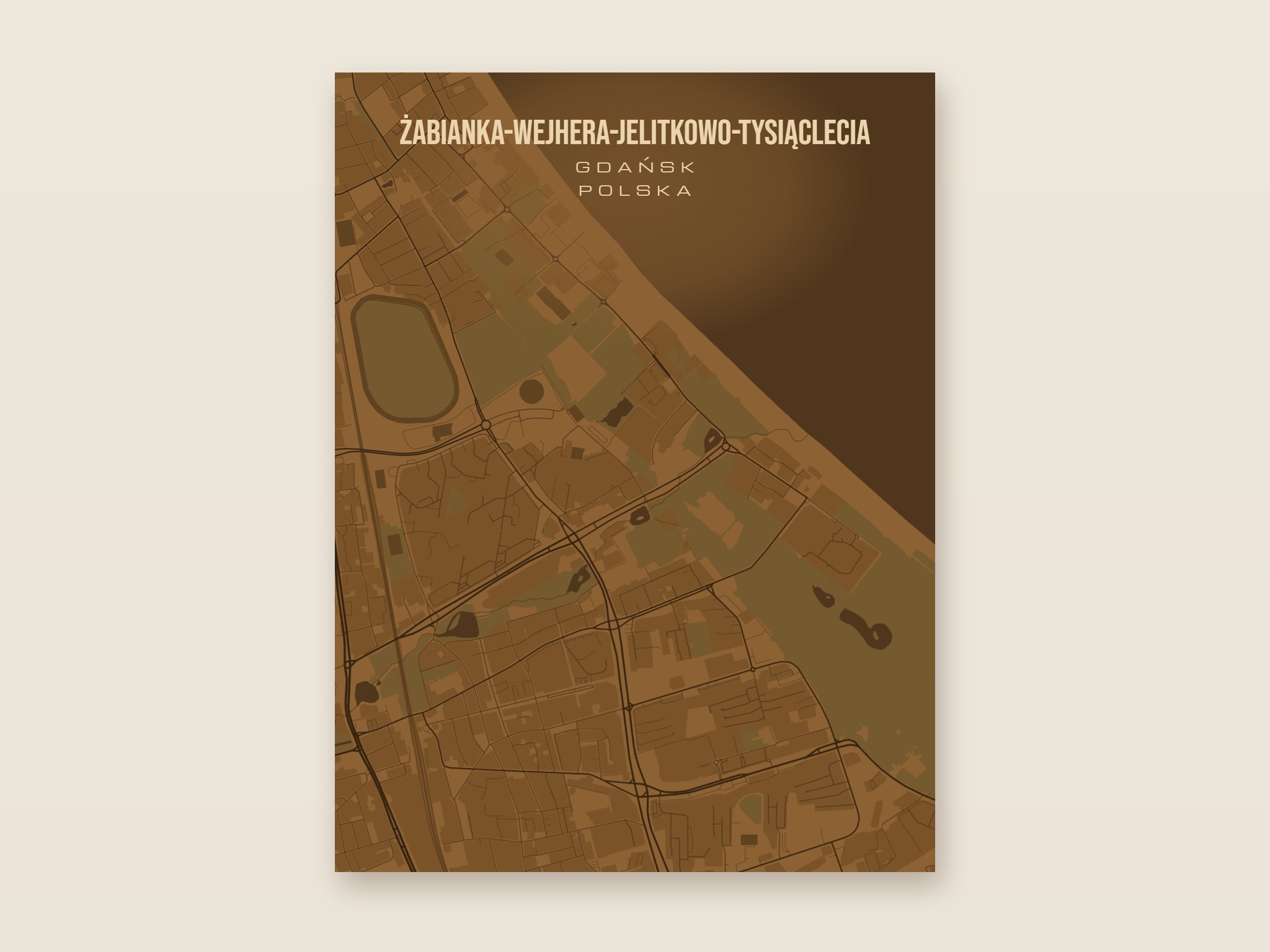 Plakat z mapą - Żabianka-Wejhera-Jelitkowo-Tysiąclecia (Gdańsk), brązowy styl, bez ramy