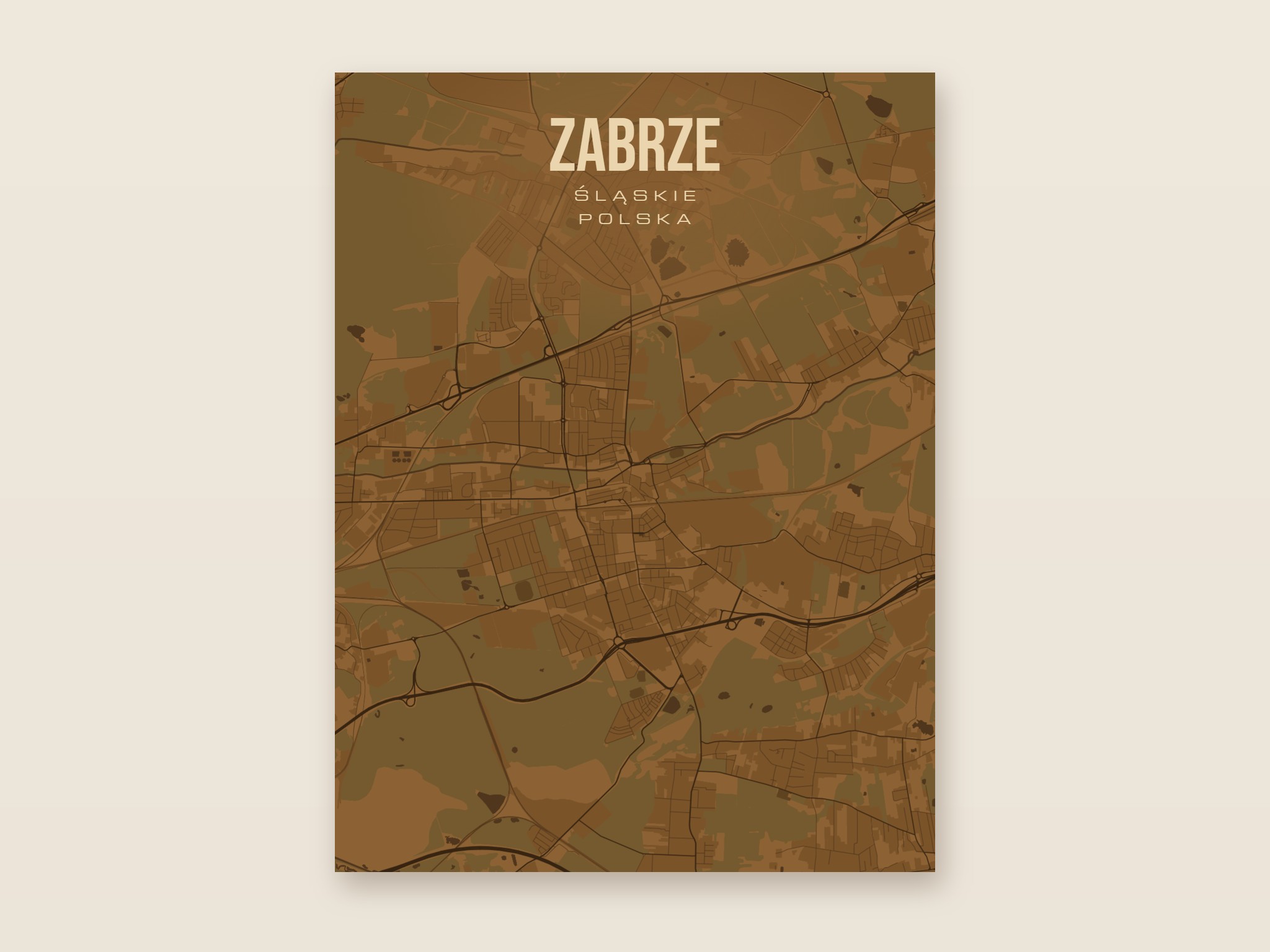 Plakat z mapą - Zabrze, brązowy styl, bez ramy