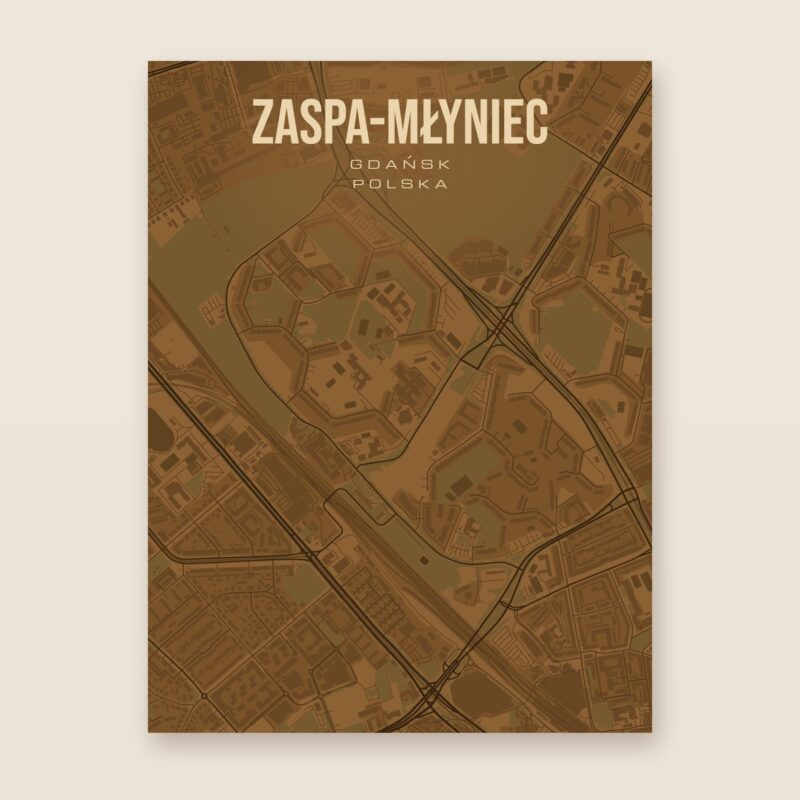 Plakat z mapą - Zaspa-Młyniec (Gdańsk), brązowy styl, bez ramy