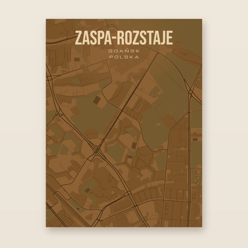 Plakat z mapą - Zaspa-Rozstaje (Gdańsk), brązowy styl, bez ramy
