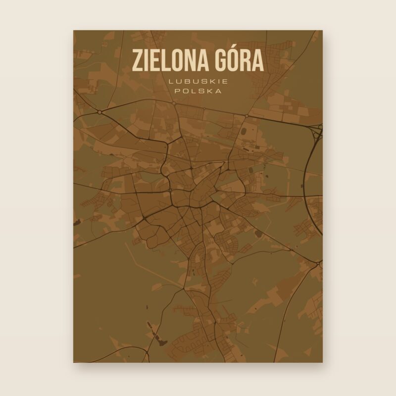 Plakat z mapą - Zielona Góra, brązowy styl, bez ramy